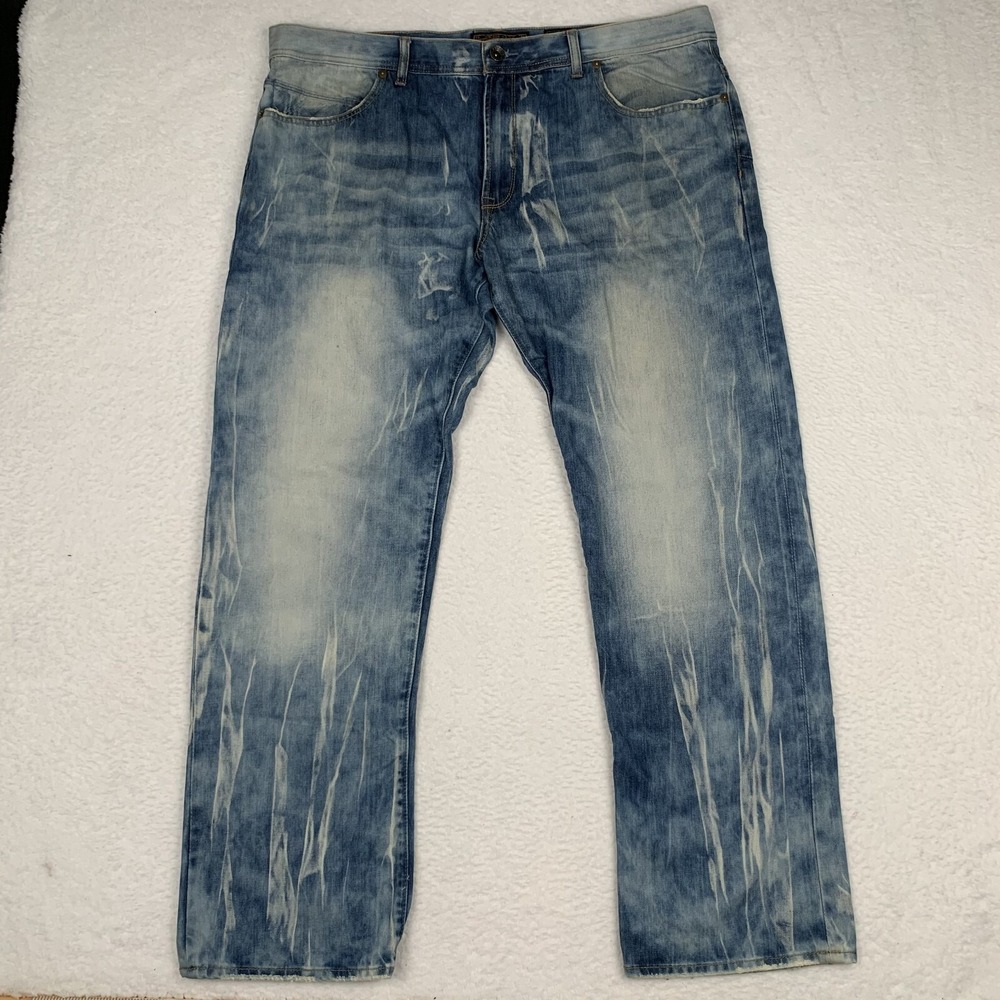 Akoo Jeans Men's Size 42x32 Distressed Bleached Acid Wash Blue Denim Zip Button